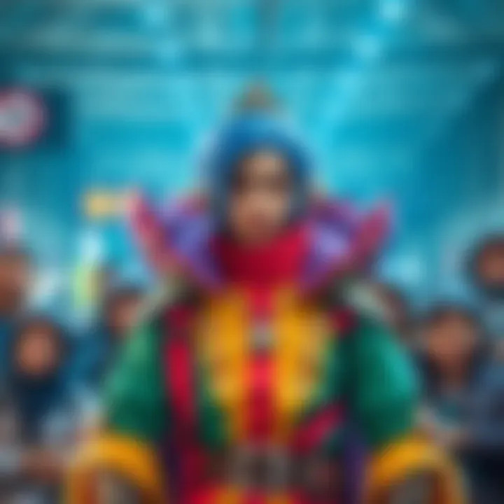 A person dressed in a colorful Simo costume, showcasing intricate details and accessories. The cosplay reflects the character's style and personality, surrounded by fans who admire the work.