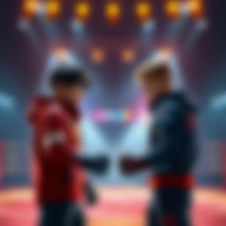 Simo and Jack face off in an arena, preparing for an intense duel, showcasing their determination and skills.