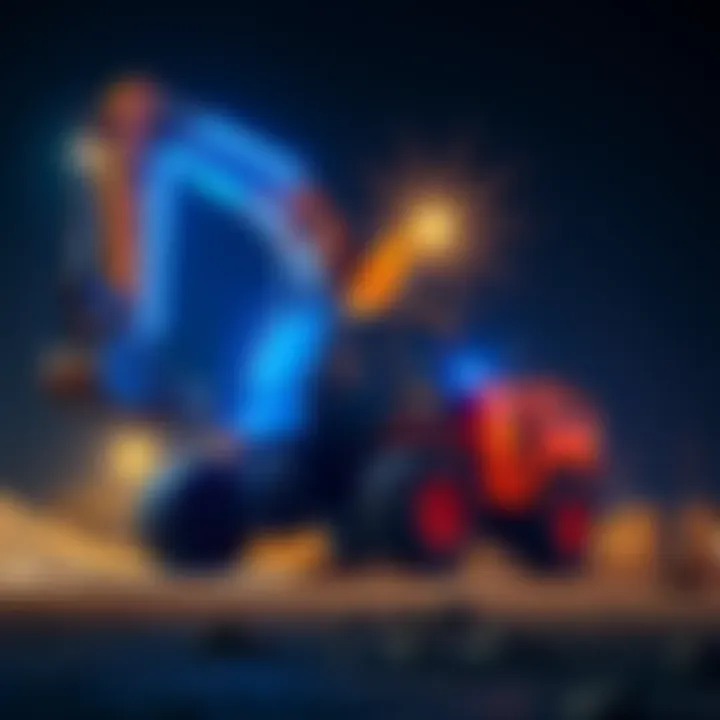 A tall digger glowing blue in a construction site, showing off its impressive strength