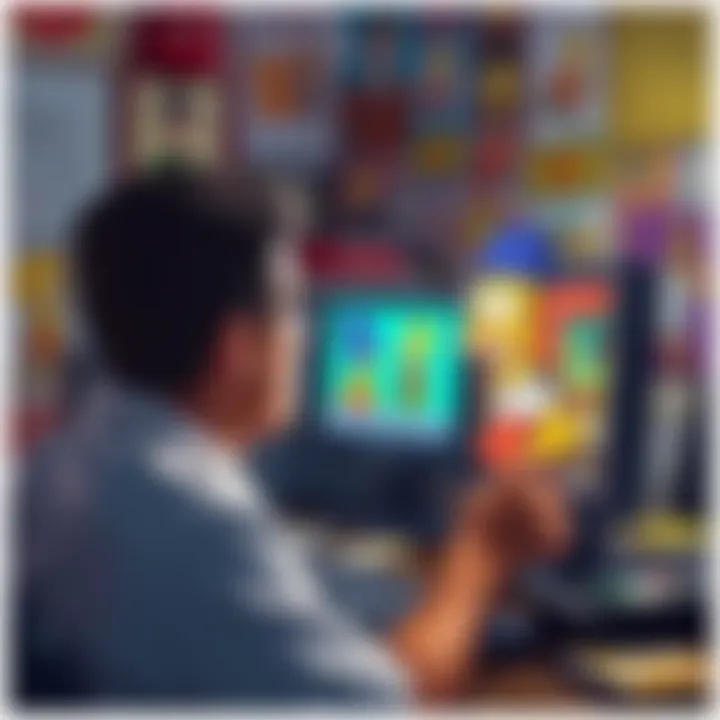 A fan looking at a computer screen, trying to identify an old scene from The Simpsons, surrounded by memorabilia.