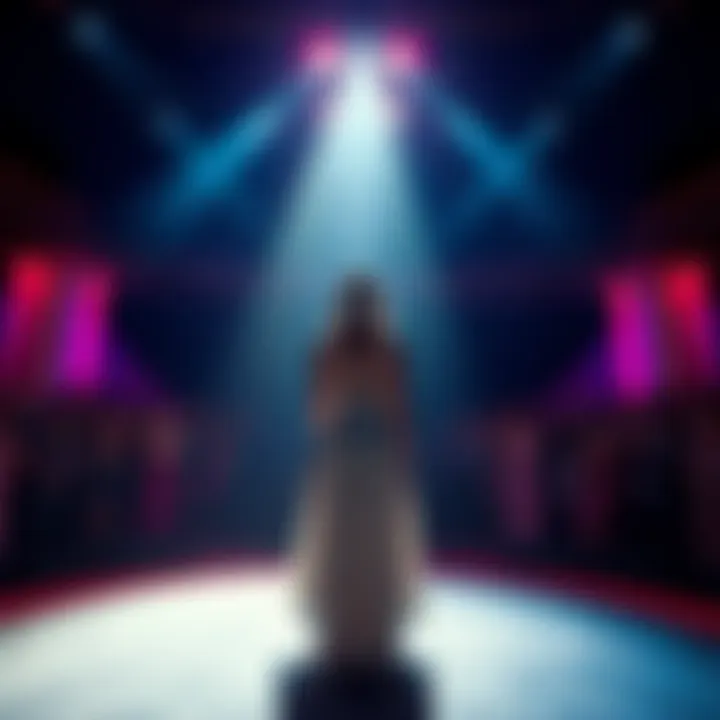 A singer stands center stage with a microphone, spotlight shining down, as the audience eagerly awaits the performance.