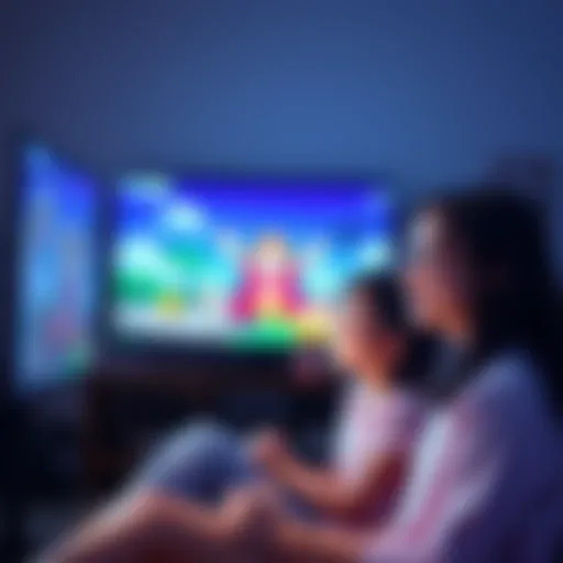 A young woman excitedly watches One Piece on a screen while her curious sister sits beside her, both enjoying the moment together.