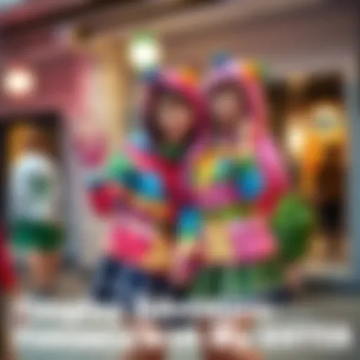 Two sisters dressed in colorful Fuwamoco costumes, smiling and posing together in a playful setting.