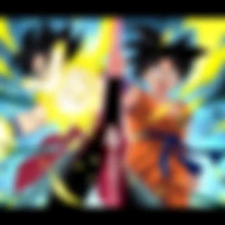 A dramatic scene showing SK Yhwach and MUI Goku facing off, with Yhwach using his powers and Goku preparing for battle, showcasing intense energy and determination.