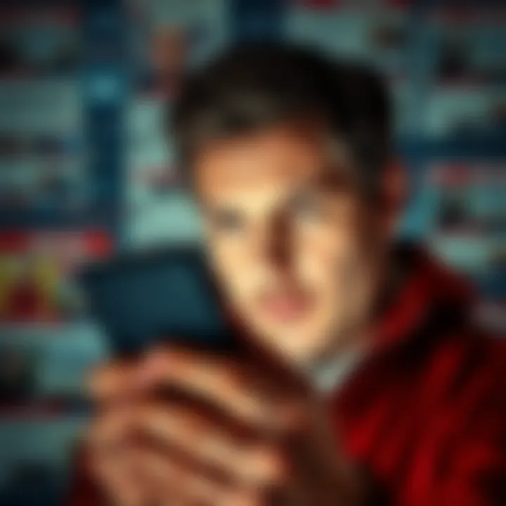 A person looking at their phone with a skeptical expression, surrounded by news headlines and social media posts