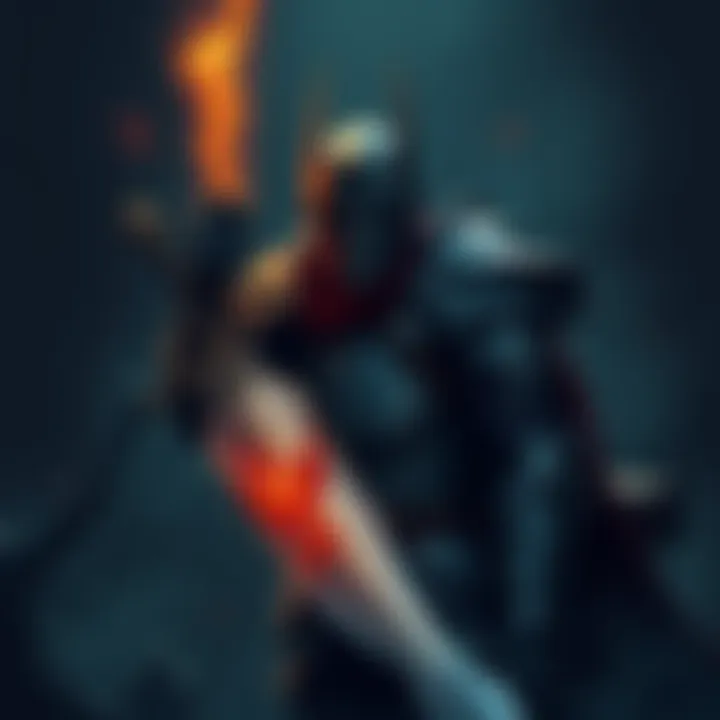 The Skull Knight in armor prepares for battle, with a dark background and a sword drawn, while shadows suggest missing characters Casca and Guts nearby.