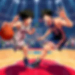 Maki Sendoh and Sawakita in a heated basketball game, showcasing their athletic skills and competitive spirit