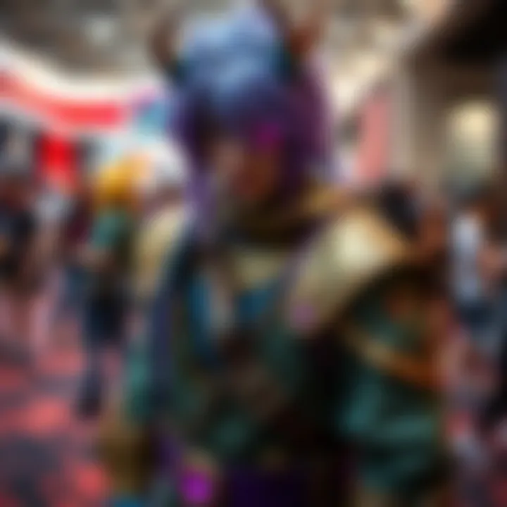 A person dressed in a detailed Slan cosplay outfit, showcasing vibrant colors and unique accessories at a convention
