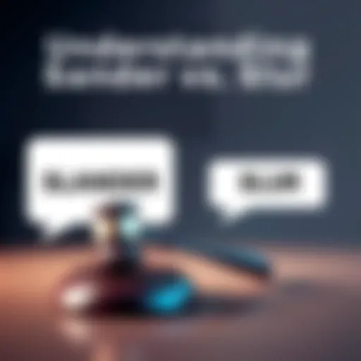 A graphic showing the terms slander and slur with a gavel and speech bubbles, highlighting the difference between offensive speech and harmful defamation.