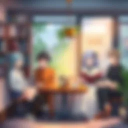 Slice of Life Anime Characters A group of diverse anime characters sitting together in a cozy cafรฉ, sharing stories and laughter, with a warm and inviting background of books and plants.