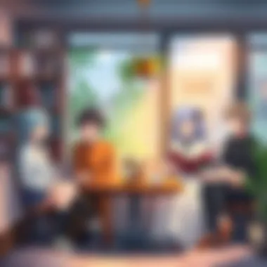 Slice of Life Anime Characters A group of diverse anime characters sitting together in a cozy cafรฉ, sharing stories and laughter, with a warm and inviting background of books and plants.