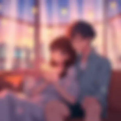 A warm scene showing relatable anime characters enjoying a cozy moment together, surrounded by soft lighting and a romantic atmosphere.