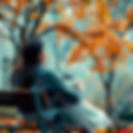 A couple sitting on a park bench, gazing thoughtfully into the distance, surrounded by autumn leaves, representing a slice of life romance with themes of melancholy.