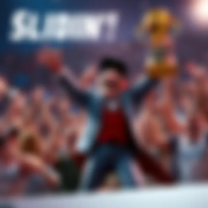 Slidin' Go celebrating a win with a trophy in hand, showing a mix of excitement and villainous flair, surrounded by cheering fans.