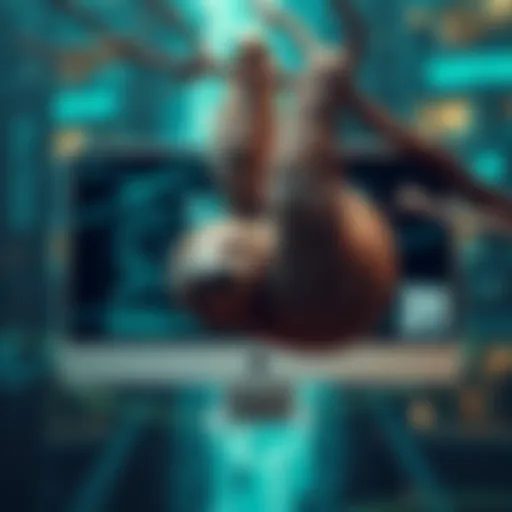 A sloth hanging from a branch with a computer screen showing glitchy, unattractive AI-generated images in the background.