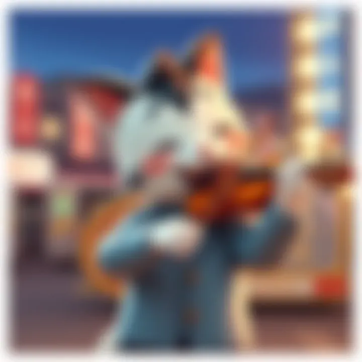 A cartoon character playing the smallest violin with a cheerful expression, symbolizing humor in tough times.