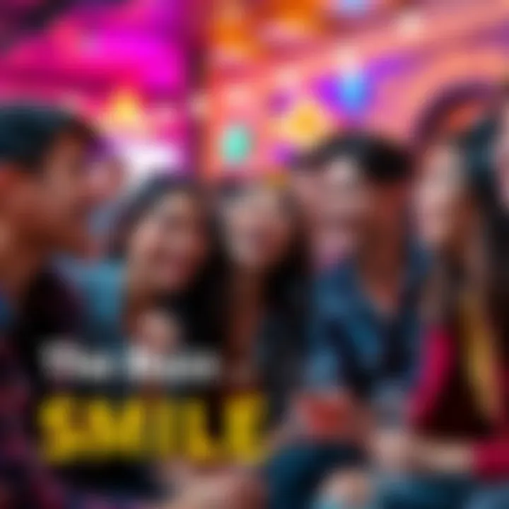 A group of young people laughing and sharing memes related to SMILE in a vibrant social setting.