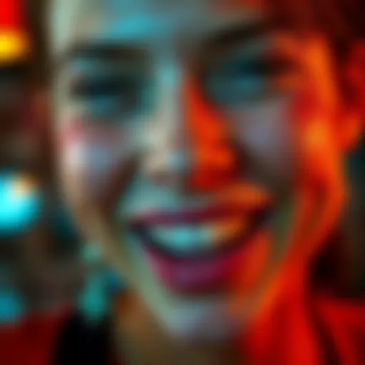 A close-up of a person smiling widely while blushing, showcasing joy and warmth during a social interaction.