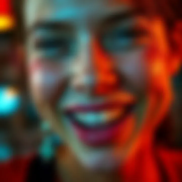 A close-up of a person smiling widely while blushing, showcasing joy and warmth during a social interaction.