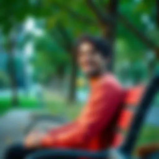 A Smiling Person in a Park A person smiling warmly while sitting on a park bench, surrounded by trees and nature, creating a joyful atmosphere.