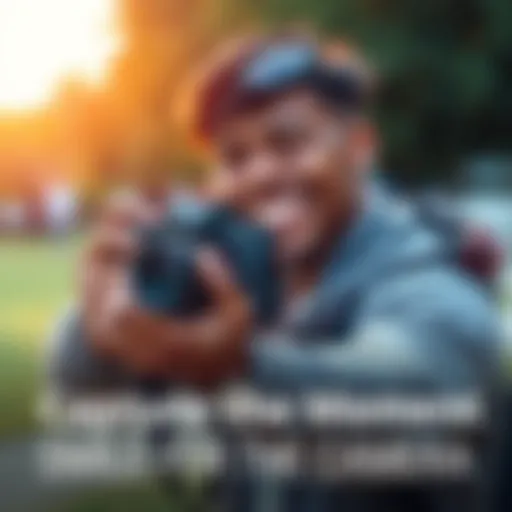 Smiling person taking a photo A person smiling brightly while holding a camera, capturing a joyful moment outdoors.