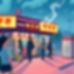 A colorful illustration representing a scene of people smoking behind a supermarket, celebrating Jinushi's artwork.