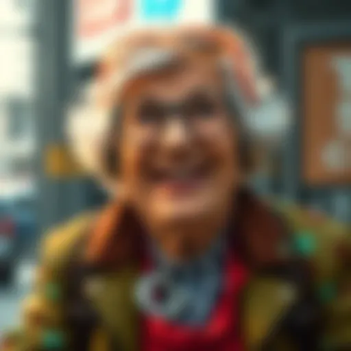 A cheerful elderly woman with a quirky outfit and bright accessories, spreading joy in her community