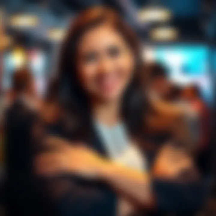 A woman smiling confidently, arms crossed, exuding a smug attitude in a social setting.