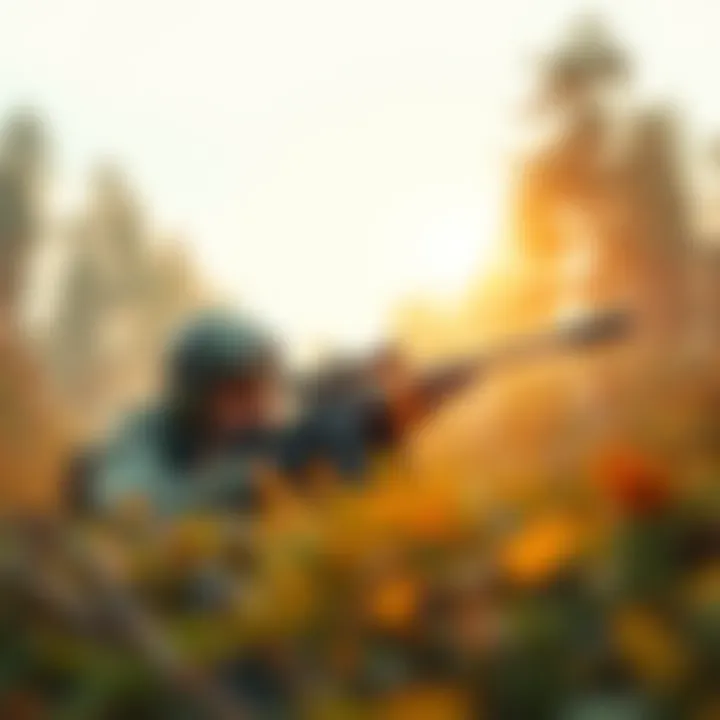 A skilled sniper lying prone, focusing through a rifle scope in a forested area, showcasing precision and concentration.