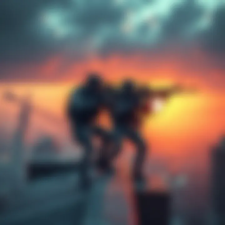 Two snipers poised on a rooftop, aiming at their targets in an urban scene, with tension in the air during a showdown.
