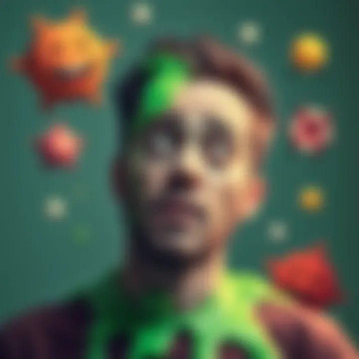 A whimsical scene showing a person with a humorous expression, imagining themselves as a cartoonish snot man, with green goo and playful designs around them.