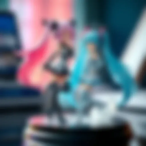 A colorful figurine combining Snow Miku and Kuromi characters in a playful pose, showcasing their unique designs.
