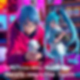 A collector checking the stability of a Snow Miku figure on a table, with concern on their face.