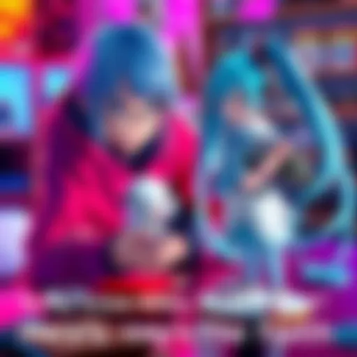 A collector checking the stability of a Snow Miku figure on a table, with concern on their face.