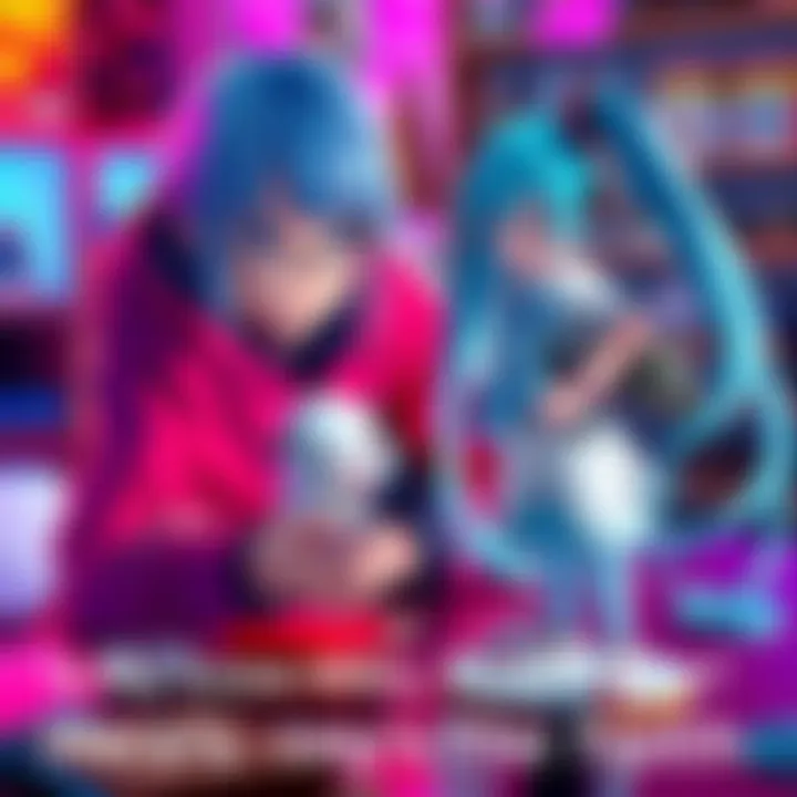 A collector checking the stability of a Snow Miku figure on a table, with concern on their face.