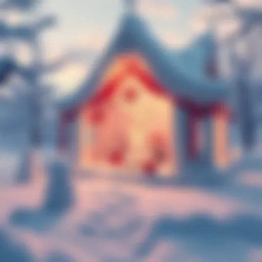 A beautifully crafted snow-mu with intricate designs and decorations in a winter setting.