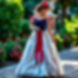 A person wearing a custom Snow White dress from Cosrea, showcasing the vibrant colors and elegant design, standing in a garden setting.