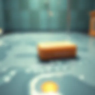 Soap on the floor A bar of soap lying on a wet bathroom floor, illustrating a slip hazard