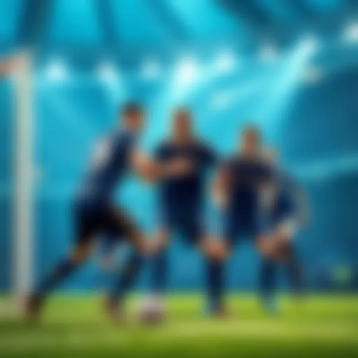 A group of soccer players in defensive formation, working together to prevent an opposing player from scoring a goal