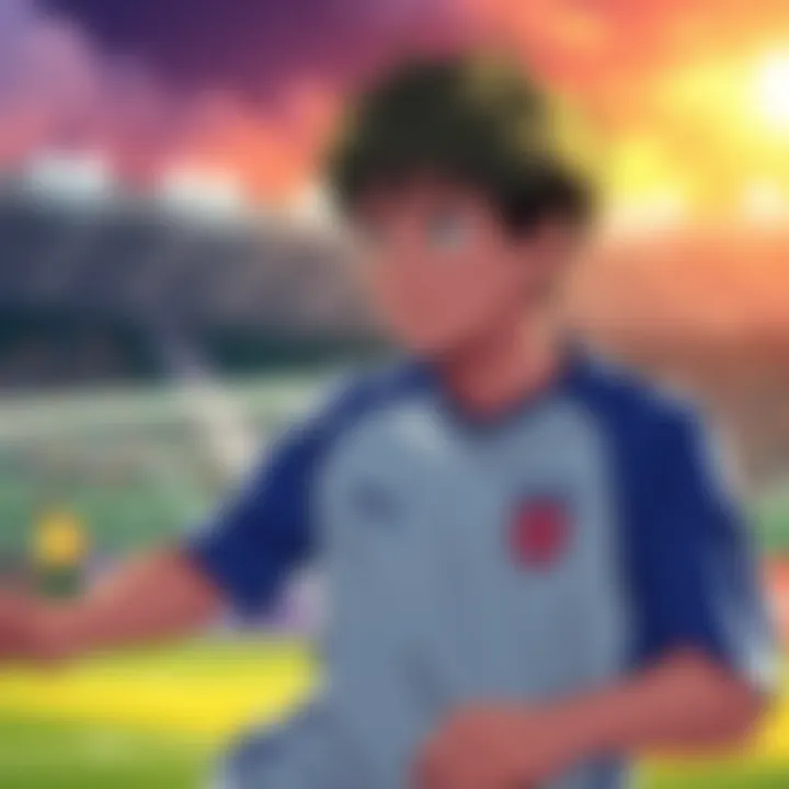 A young soccer player with a focused expression, training on a field, symbolizing motivation and character growth in sports