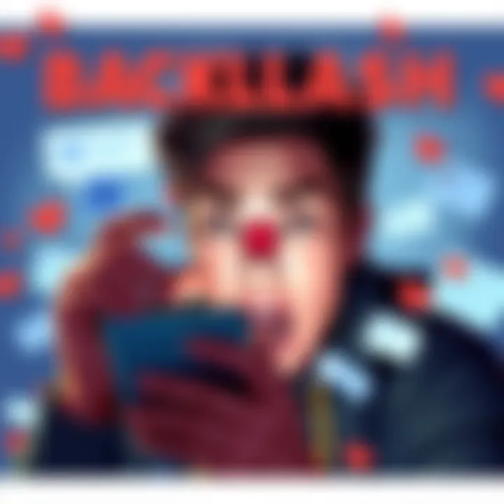 A person looking at a phone with a shocked expression, surrounded by social media icons and comments