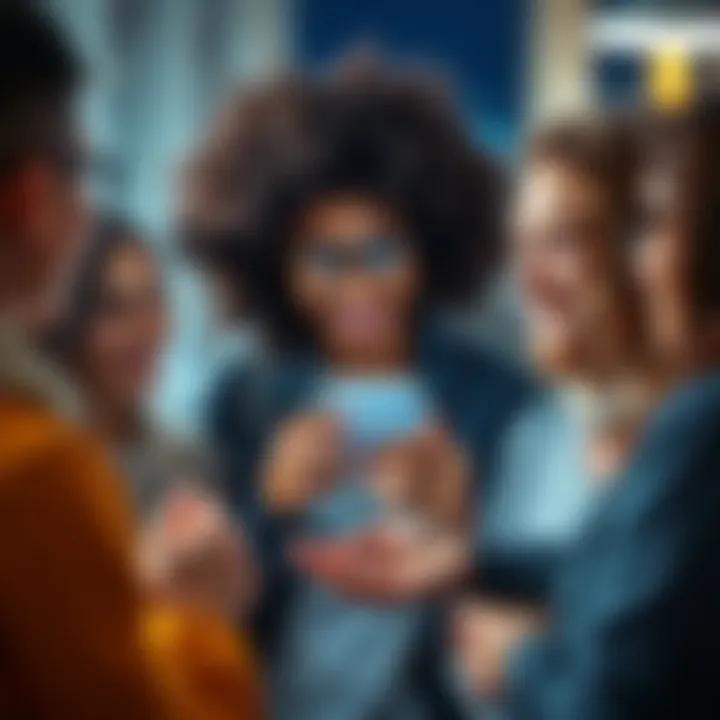 A group of young people engaging in casual conversation, with a focus on a smartphone displaying social media messages. They express emotions and share reactions.