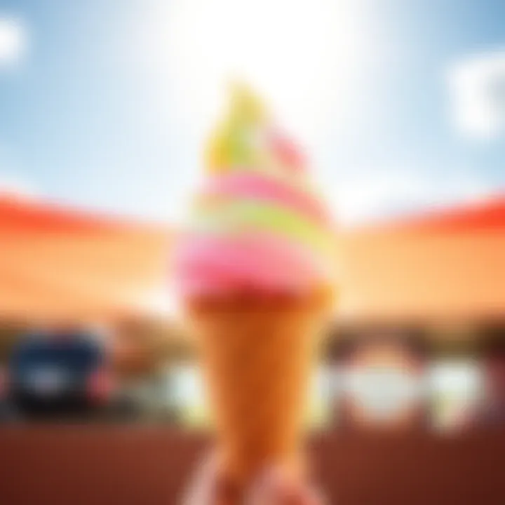 A colorful soft serve ice cream cone with unique flavors swirled together, set against a sunny background.