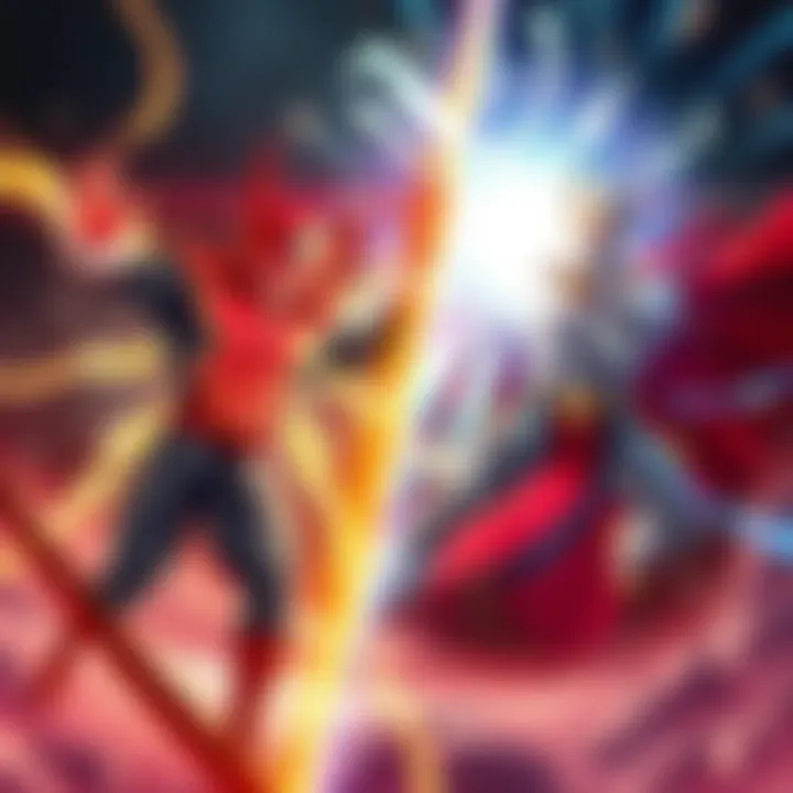 A fierce battle scene between Sol Bad Guy unleashing energy and Gojo using his space-dividing power.