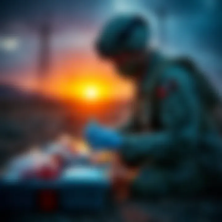 A soldier cleaning medical supplies and practicing hygiene in a military setting to prevent infections among comrades