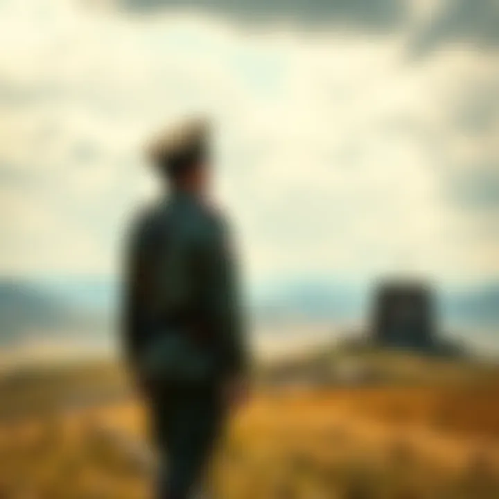 A soldier in uniform looks out at a distant landscape, deep in thought about loyalty and sacrifice for Falconia's ideals.