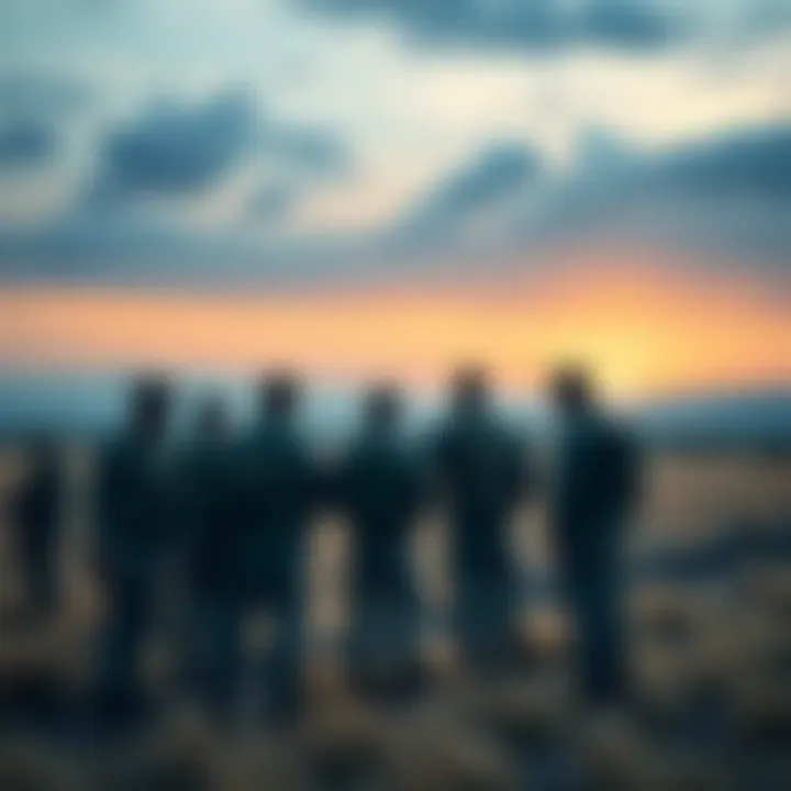 Soldiers standing together in a field A group of soldiers sharing a moment of solidarity in a war-torn landscape