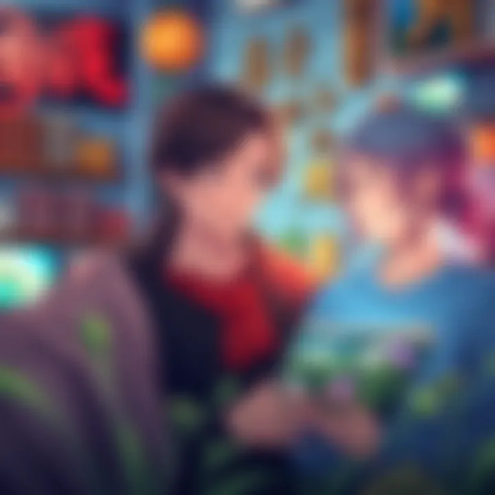 A young man showing anime options to his mother, who looks curious and interested, surrounded by sci-fi and fantasy themed decorations