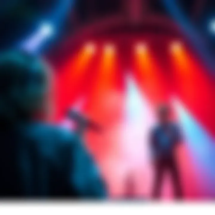 A vibrant musical scene with artists performing songs about heroes, emphasizing themes of bravery and inspiration.