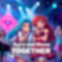 Sora and Riona Singing Together Sora and Riona performing a duet at a karaoke event, excited fans cheering in the background